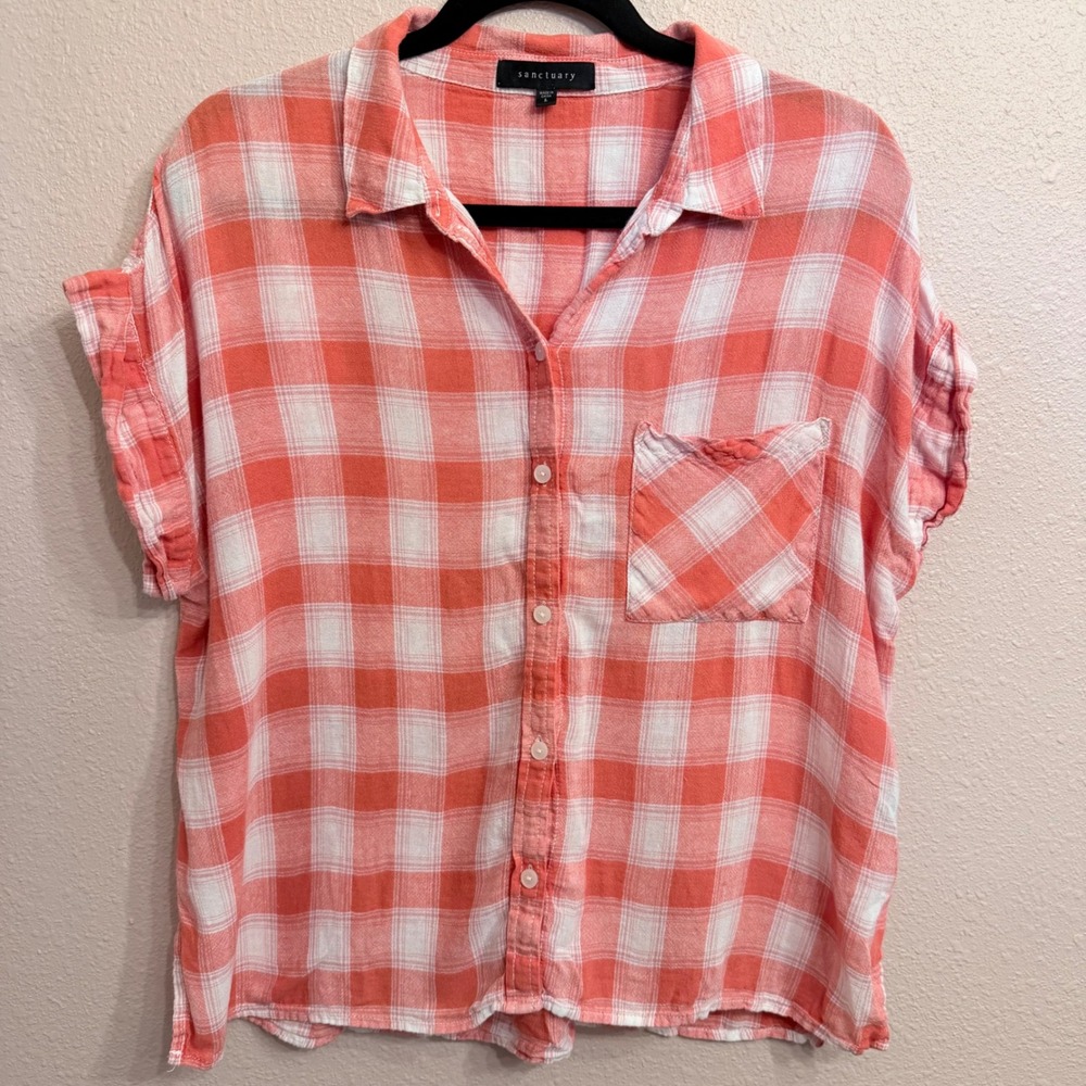 Sanctuary Womens Coral‎ White Plaid Linen Blend Short Sleeve Button Down Shirt L